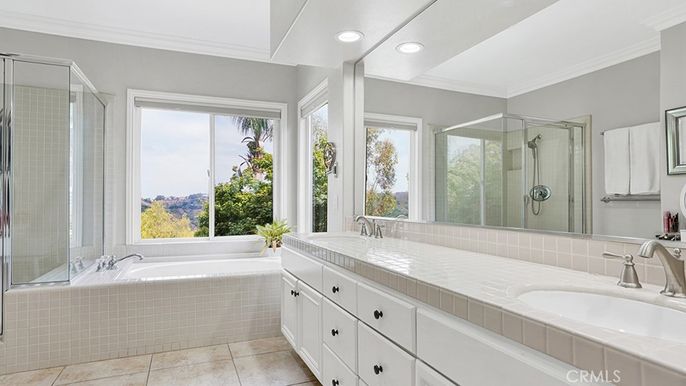 Bathroom, Dual Sink Vanities, Glass Shower, Interior, Recessed Lighting, Tile Countertops