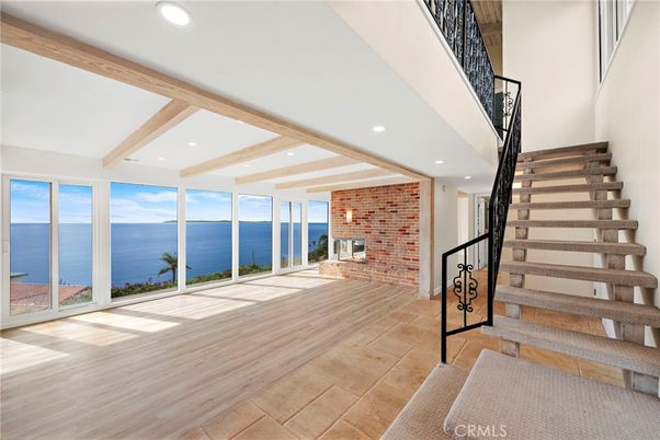 Fireplace, Interior, Recessed Lighting, Stone Walls, Water, Wooden Beams, Wood Texture Flooring