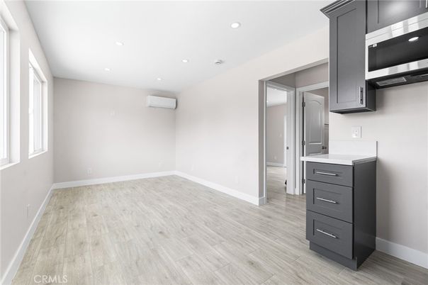 Empty room, Interior, Kitchen, Recessed Lighting, Wood Texture Flooring