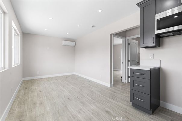 Empty room, Interior, Kitchen, Recessed Lighting, Wood Texture Flooring