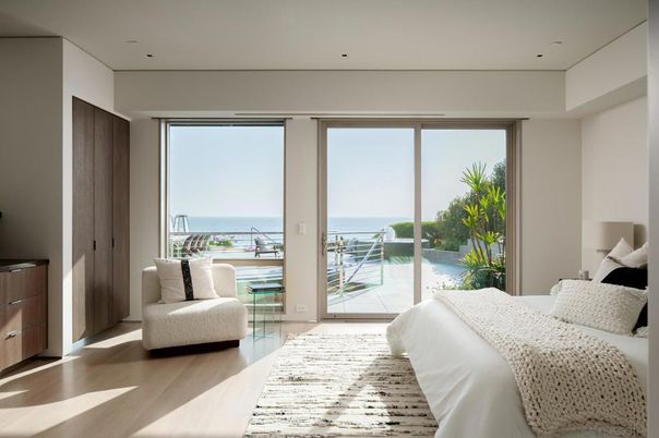 Bedroom, Interior, Recessed Lighting, Water, Wood Texture Flooring