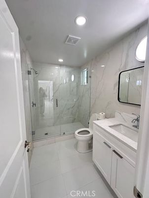 Bathroom, Glass Shower, Interior, Marble Walls, Recessed Lighting