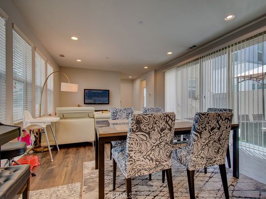 Dining room, Interior, Living room, Recessed Lighting, Wood Texture Flooring