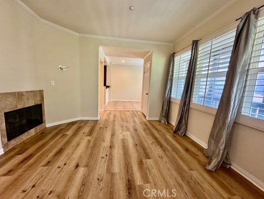 Empty room, Fireplace, Interior, Recessed Lighting, Wood Texture Flooring