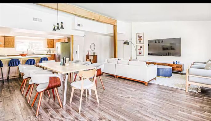 Dining room, Interior, Kitchen, Living room, Pendant Lights, Wood Texture Flooring