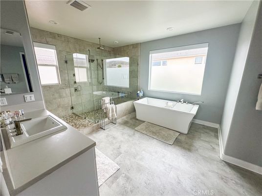 Bathroom, Free Standing Baths, Glass Shower, Interior, Recessed Lighting