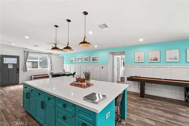 Game Room, Interior, Kitchen, Pendant Lights, Recessed Lighting, Wood Texture Flooring