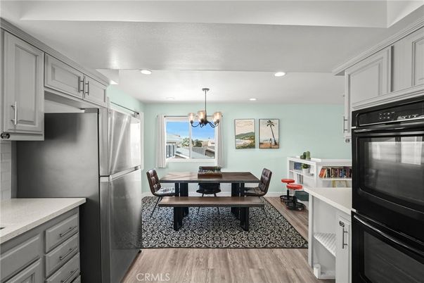 Chandelier, Dining room, Interior, Kitchen, Recessed Lighting, Water, Wood Texture Flooring