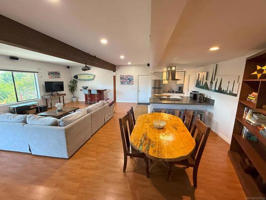 Dining room, Interior, Kitchen, Living room, Recessed Lighting, Wooden Beams, Wood Texture Flooring