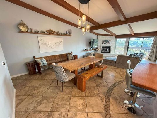 Dining room, Fireplace, Interior, Living room, Pendant Lights, Stone Walls, Wooden Beams