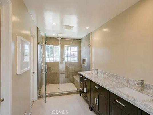Bathroom, Dual Sink Vanities, Glass Shower, Interior, Recessed Lighting