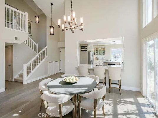 Dining room, Interior, Pendant Lights, Wood Texture Flooring