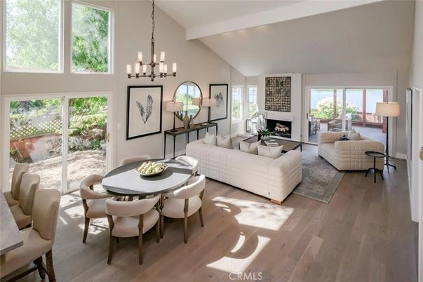 Dining room, Fireplace, Interior, Living room, Pendant Lights, Wood Texture Flooring