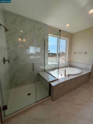 Bathroom, Glass Shower, Interior, Marble, Marble Walls, Recessed Lighting