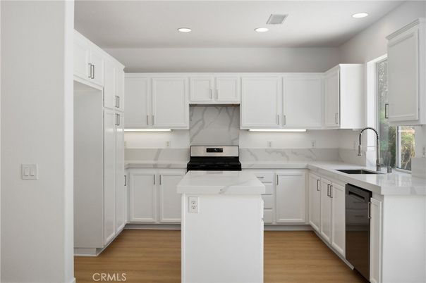 Interior, Kitchen, Marble Walls, Recessed Lighting, Wood Texture Flooring