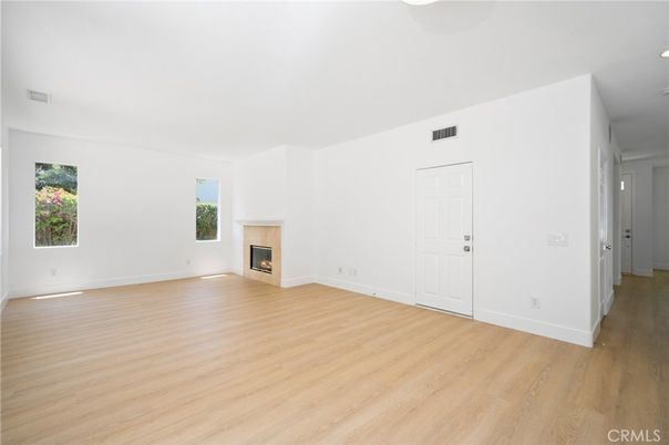 Empty room, Fireplace, Interior, Recessed Lighting, Wood Texture Flooring