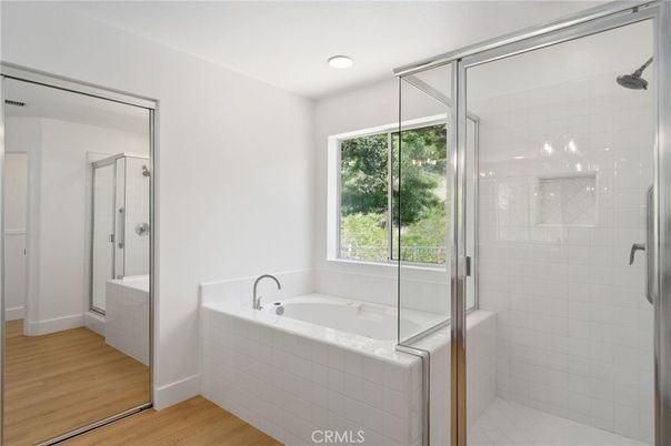 Bathroom, Glass Shower, Interior, Recessed Lighting, Wood Texture Flooring