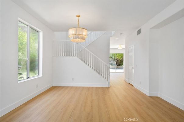 Empty room, Interior, Pendant Lights, Recessed Lighting, Wood Texture Flooring