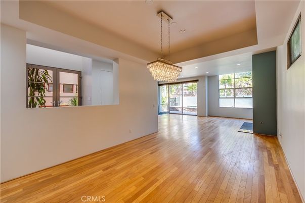 Chandelier, Empty room, Interior, Recessed Lighting, Wood Texture Flooring