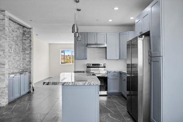 Interior, Kitchen, Marble, Pendant Lights, Recessed Lighting, Stainless Steel Appliances