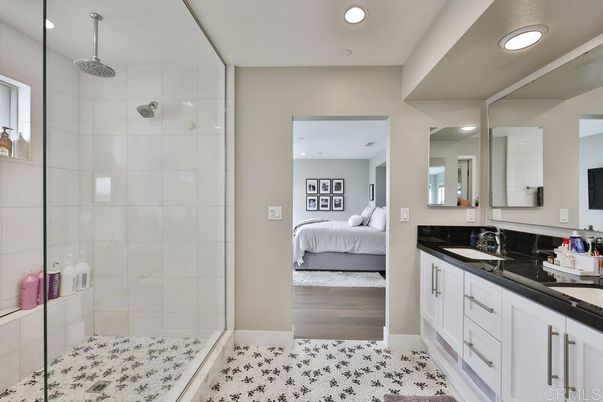 Bathroom, Bedroom, Glass Shower, Interior, Recessed Lighting, Wood Texture Flooring
