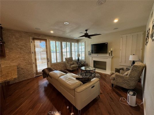 Fireplace, Interior, Living room, Recessed Lighting, Wood Texture Flooring