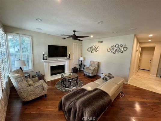 Fireplace, Interior, Living room, Recessed Lighting, Wood Texture Flooring