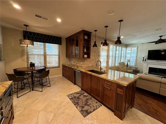 Dining room, Fireplace, Interior, Kitchen, Living room, Pendant Lights, Recessed Lighting, Wood Texture Flooring
