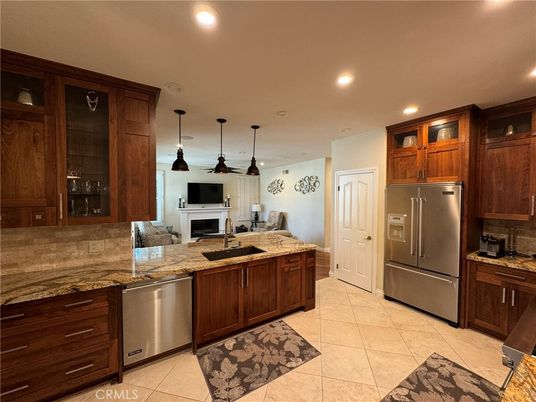 Fireplace, Interior, Kitchen, Pendant Lights, Recessed Lighting, Stainless Steel Appliances