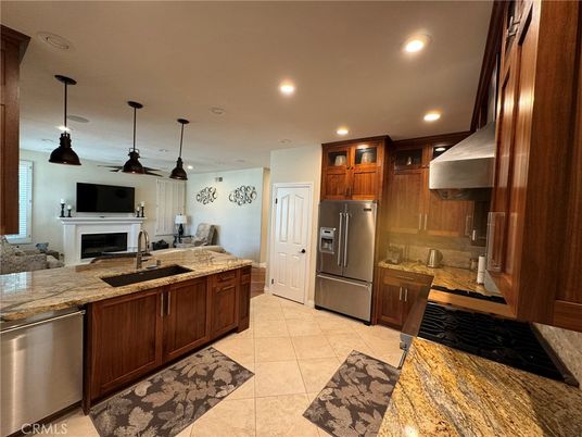 Fireplace, Interior, Kitchen, Pendant Lights, Recessed Lighting, Stainless Steel Appliances