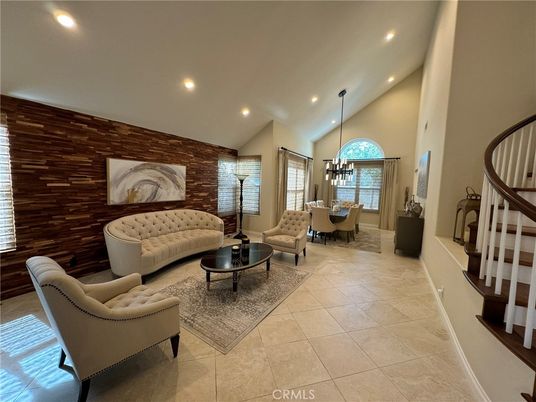 Chandelier, Dining room, Interior, Living room, Recessed Lighting, Stone Walls, Wooden Walls