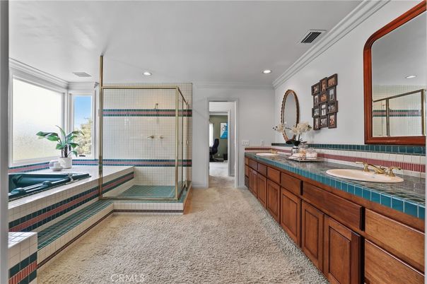 Bathroom, Dual Sink Vanities, Glass Shower, Interior, Recessed Lighting, Tile Countertops