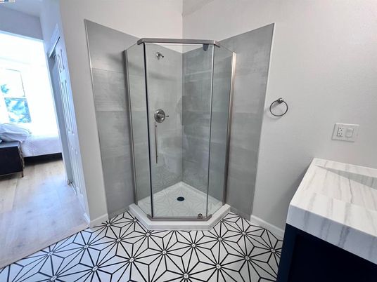 Bathroom, Glass Shower, Interior, Wood Texture Flooring