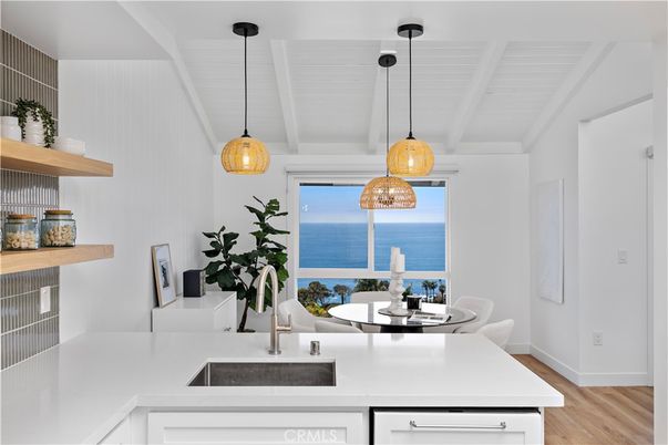 Dining room, Interior, Kitchen, Pendant Lights, Water, Wood Texture Flooring