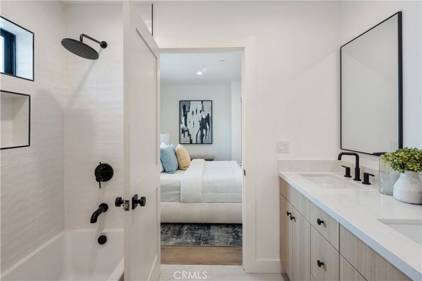 Bathroom, Bedroom, Dual Sink Vanities, Interior, Recessed Lighting, Wood Texture Flooring