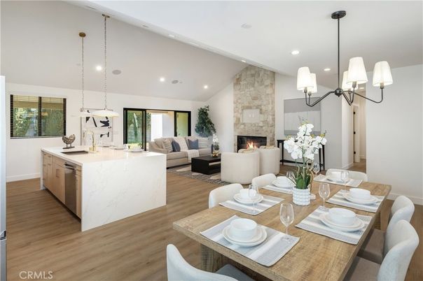 Dining room, Fireplace, Interior, Kitchen, Living room, Pendant Lights, Recessed Lighting, Stone Walls, Wood Texture Flooring