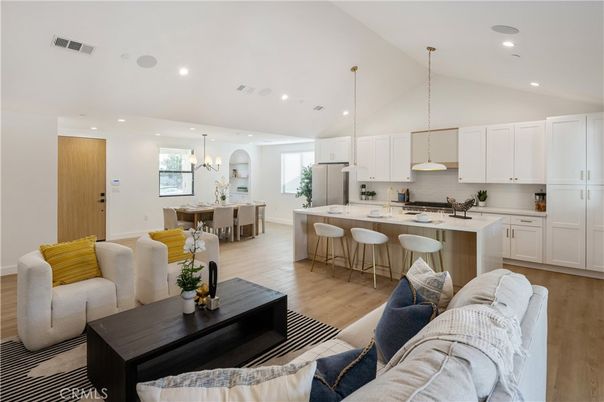 Chandelier, Dining room, Interior, Kitchen, Living room, Pendant Lights, Recessed Lighting, Wood Texture Flooring