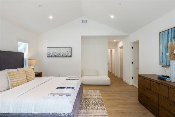Bedroom, Interior, Recessed Lighting, Wood Texture Flooring