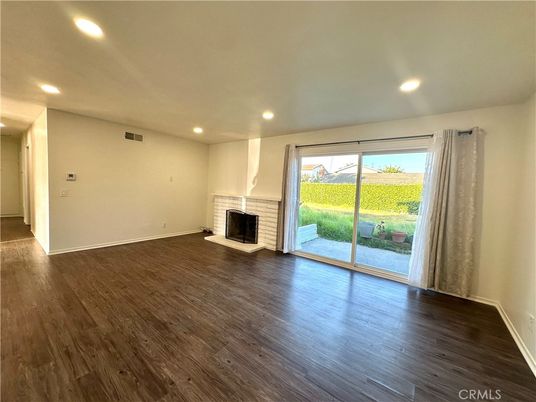 Empty room, Fireplace, Interior, Recessed Lighting, Wood Texture Flooring