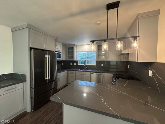 Interior, Kitchen, Pendant Lights, Stainless Steel Appliances, Wood Texture Flooring