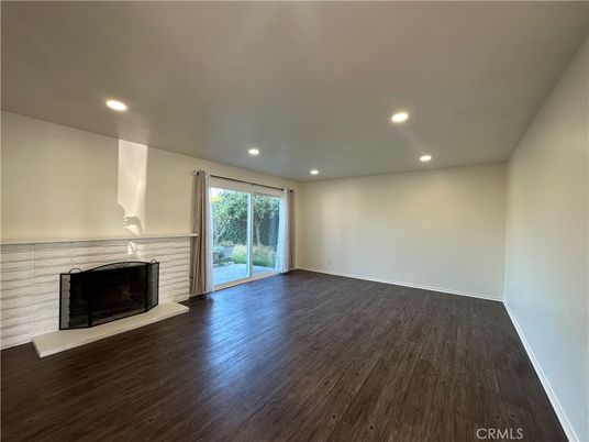 Empty room, Fireplace, Interior, Recessed Lighting, Wood Texture Flooring