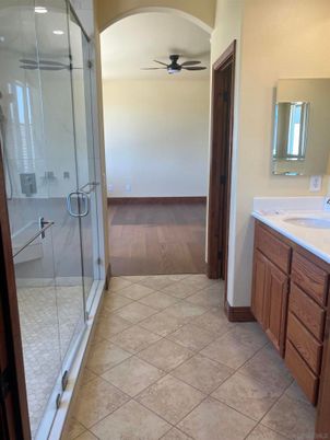 Bathroom, Glass Shower, Interior, Recessed Lighting, Wood Texture Flooring