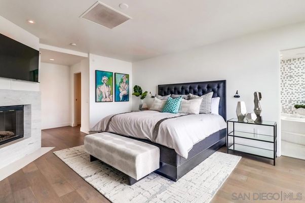Bedroom, Fireplace, Interior, Recessed Lighting, Wood Texture Flooring