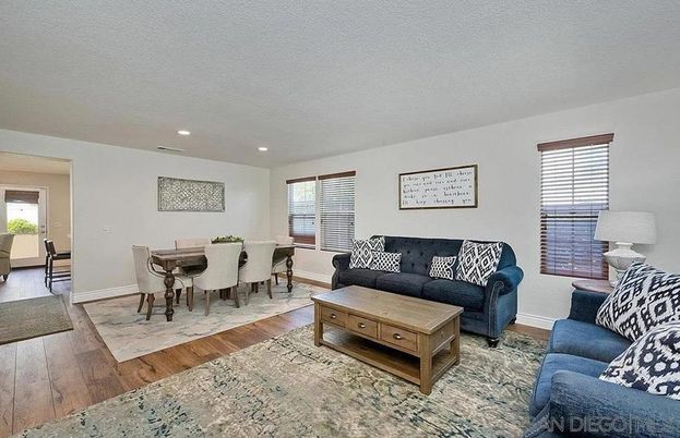 Dining room, Interior, Living room, Recessed Lighting, Wood Texture Flooring