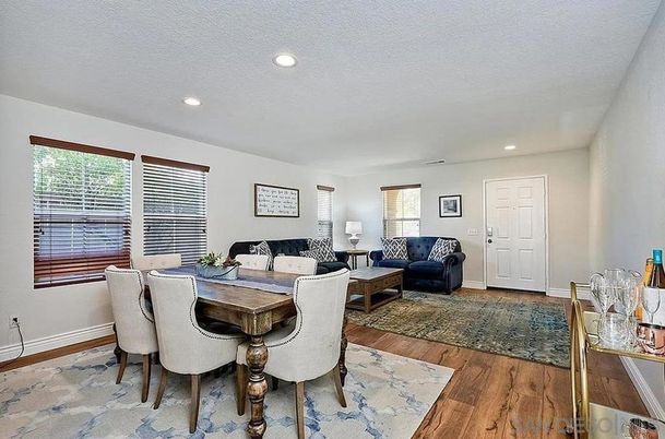 Dining room, Interior, Living room, Recessed Lighting, Wood Texture Flooring