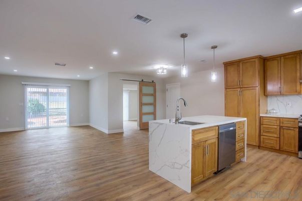 Interior, Kitchen, Pendant Lights, Recessed Lighting, Wood Texture Flooring