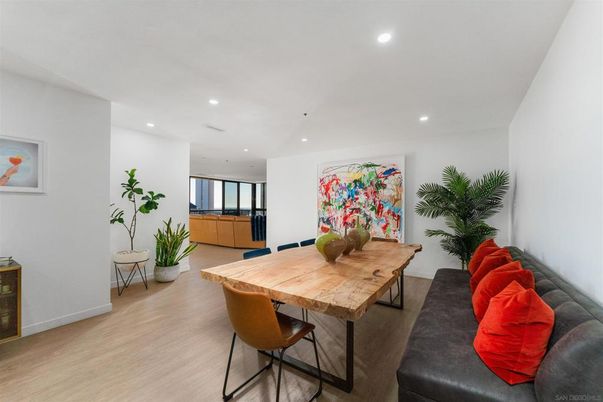 Dining room, Interior, Living room, Recessed Lighting, Wood Texture Flooring