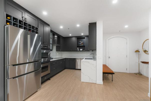 Interior, Kitchen, Recessed Lighting, Stainless Steel Appliances, Wood Texture Flooring