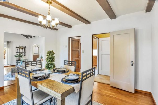 Chandelier, Dining room, Interior, Wooden Beams, Wood Texture Flooring