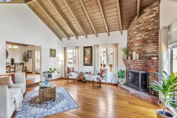 Chandelier, Fireplace, Interior, Living room, Stone Walls, Wooden Beams, Wooden Ceilings, Wood Texture Flooring